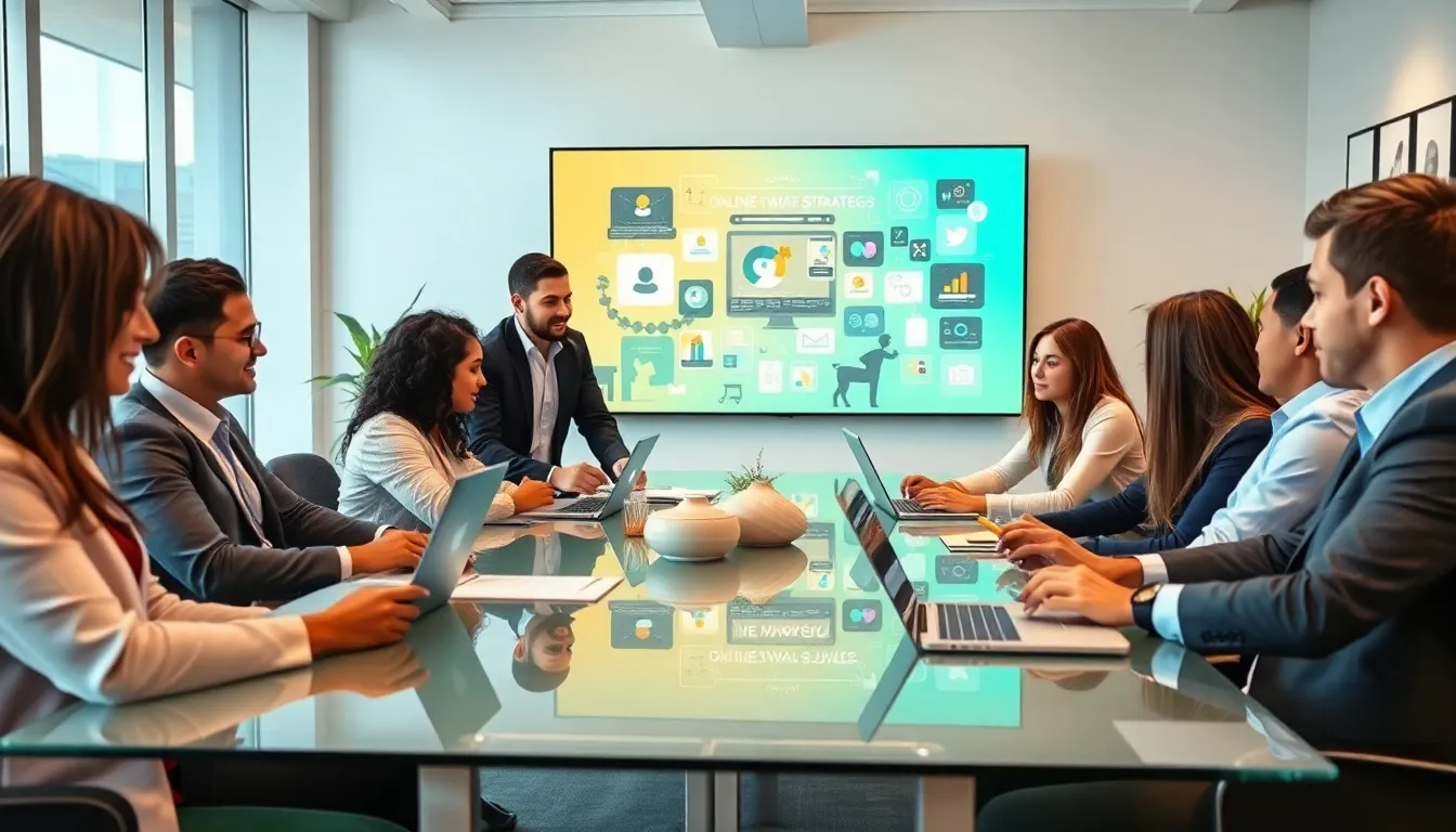 diverse team in a modern office discussing online marketing strategies.