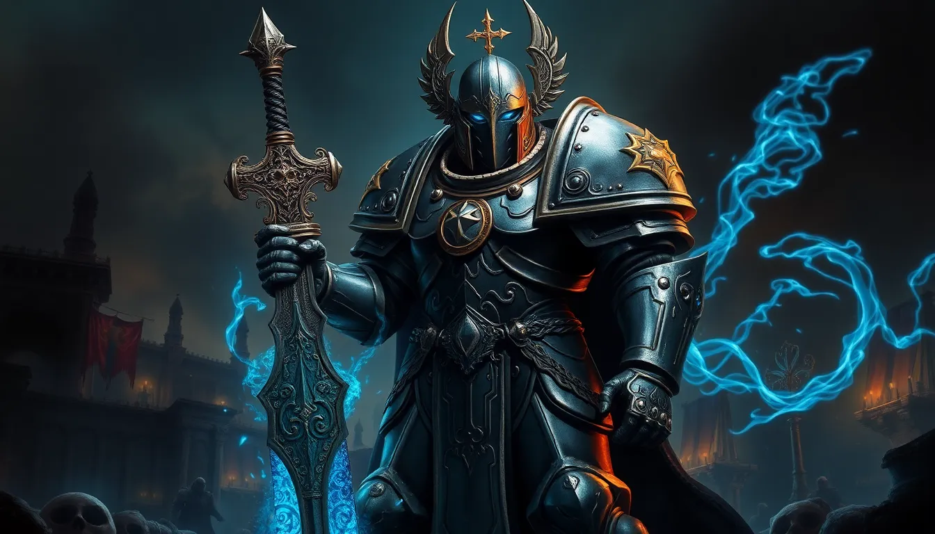 A Grey Knight Daemonhunter wielding psychic powers on a dark battlefield.