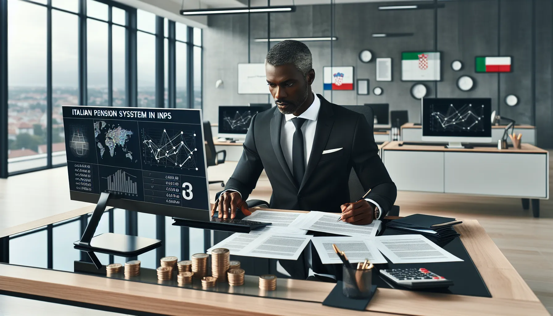 Financial advisor reviewing Italian pension documents and calculations at modern office desk