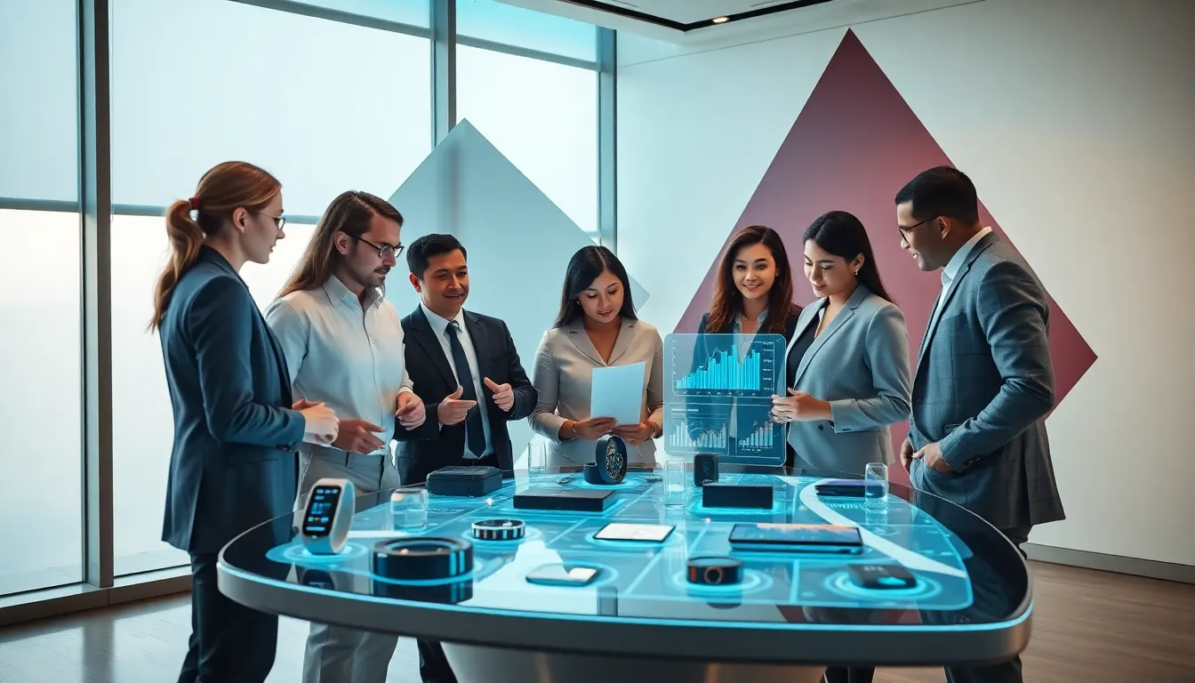diverse team discussing IoT concepts around a digital display table.