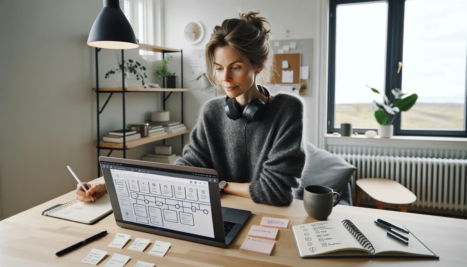 Norwegian creator planning a modular online course at a sunlit home workspace.