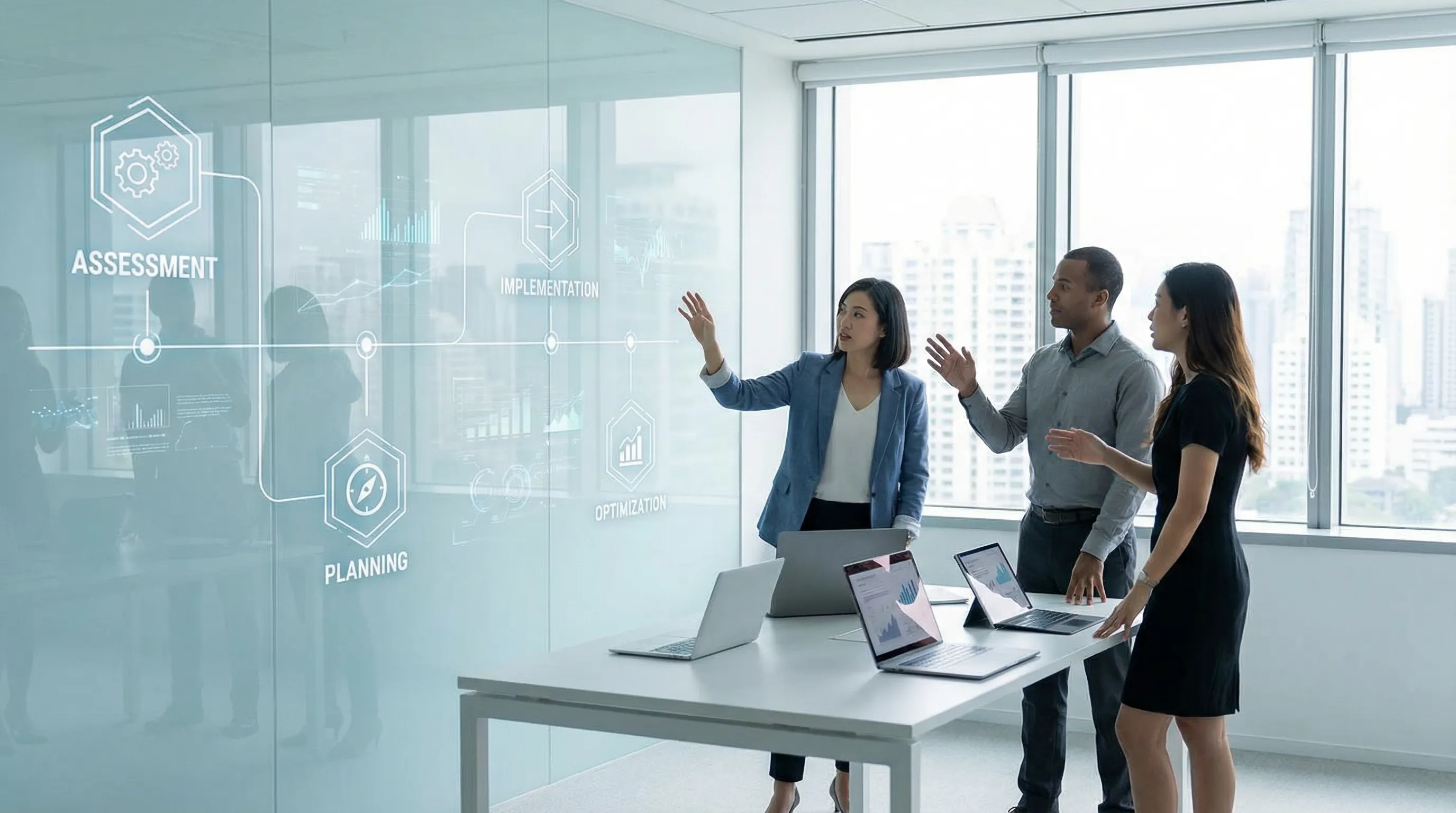 Professionals planning AI transformation roadmap in modern corporate office setting.
