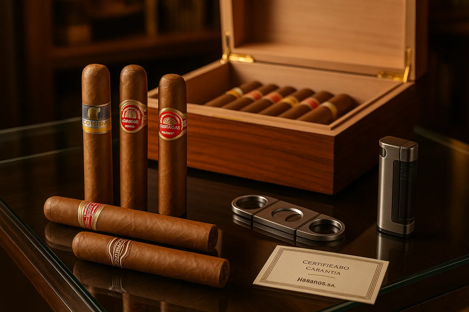 Premium Cuban cigars displayed in a refined humidor setting.