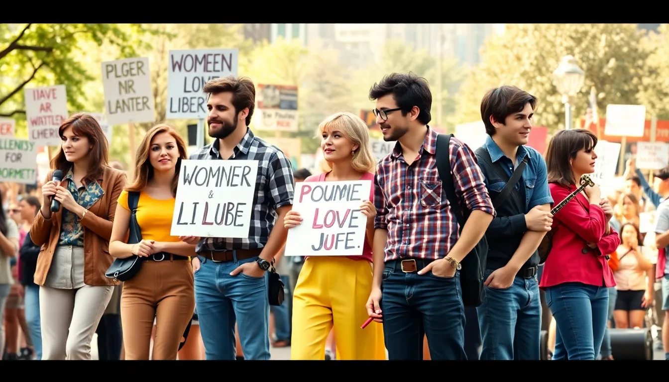 diverse group advocating for civil rights in a vibrant 1960s setting.