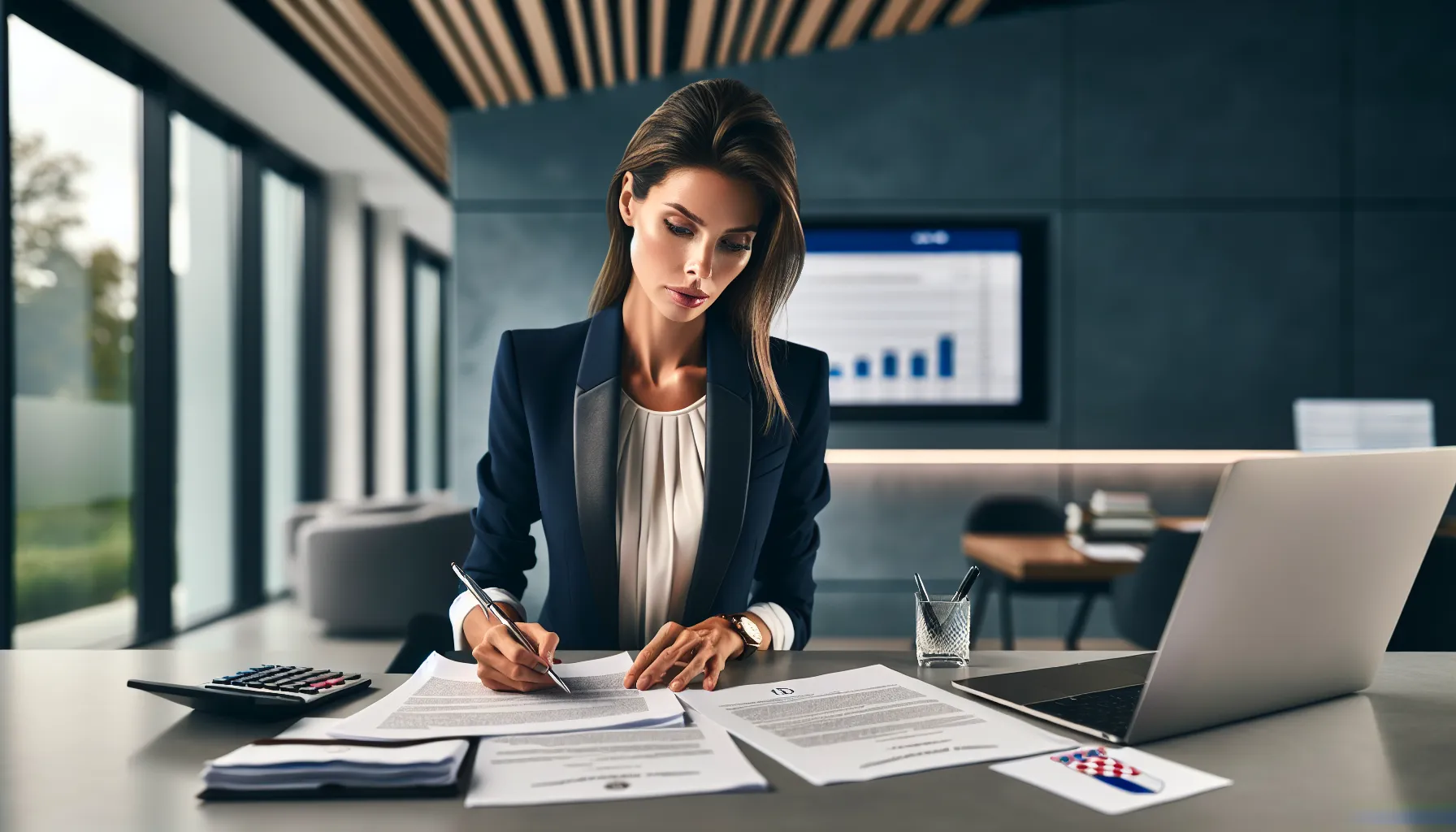 Professional woman reviewing banking documents at modern office desk