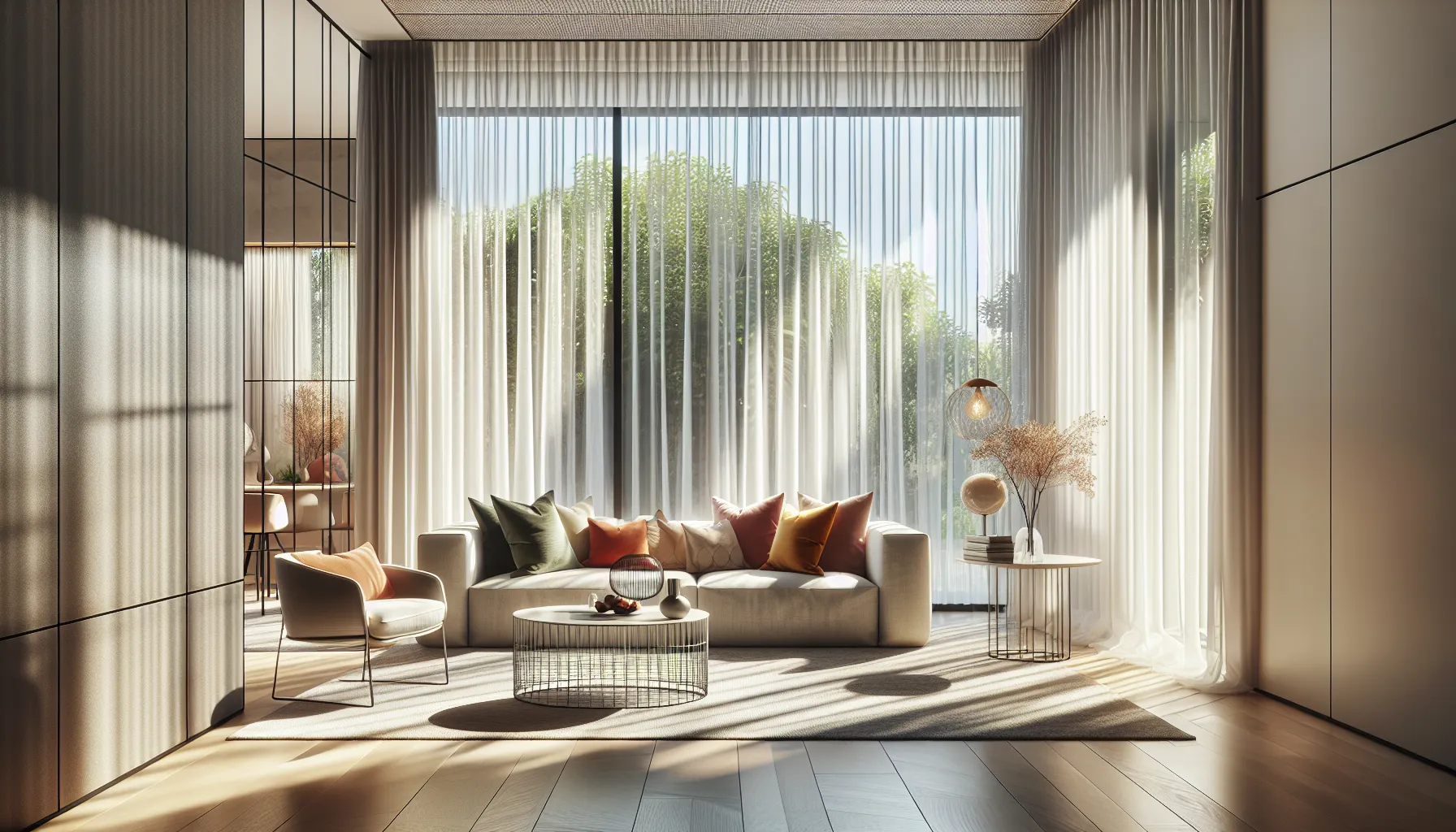 bright living room with sheer net curtains and modern decor.