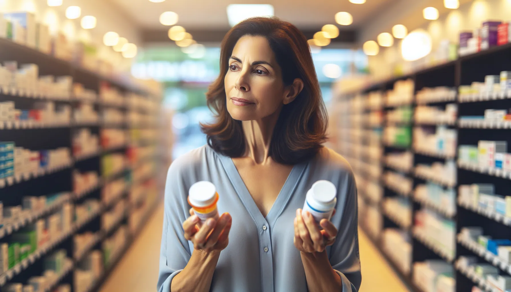 a woman choosing between Adderall and Ritalin in a pharmacy.