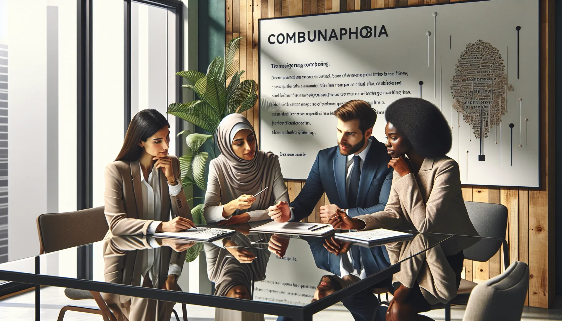 diverse team collaborating on coping strategies in a modern office.