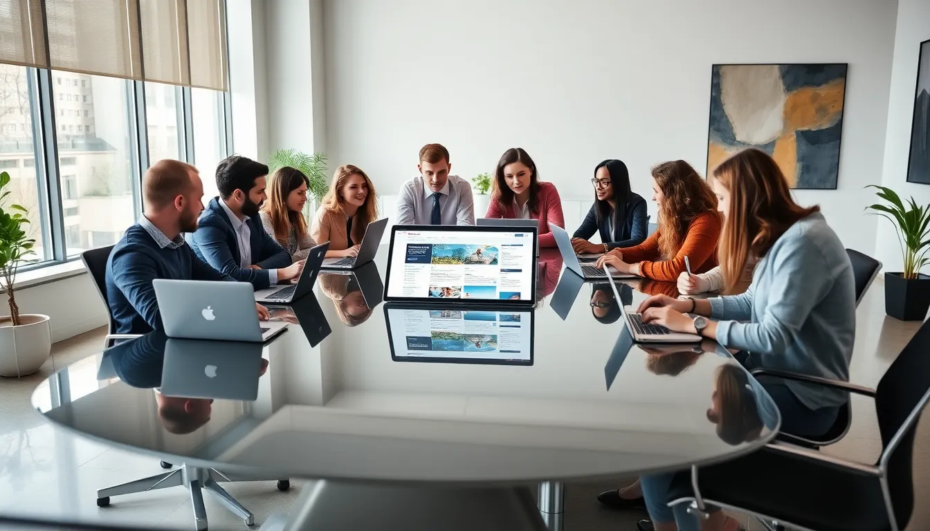 diverse team discussing content strategies in a modern office.