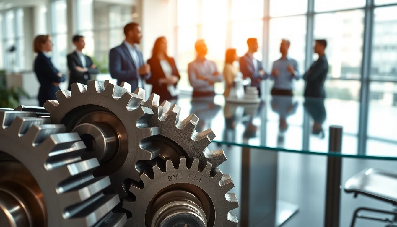 illustration of an interconnected gear system in a modern workspace.