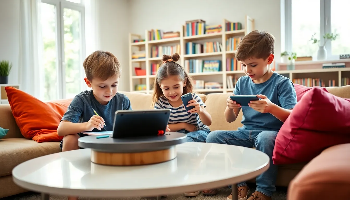 children using various gadgets in a bright living room.