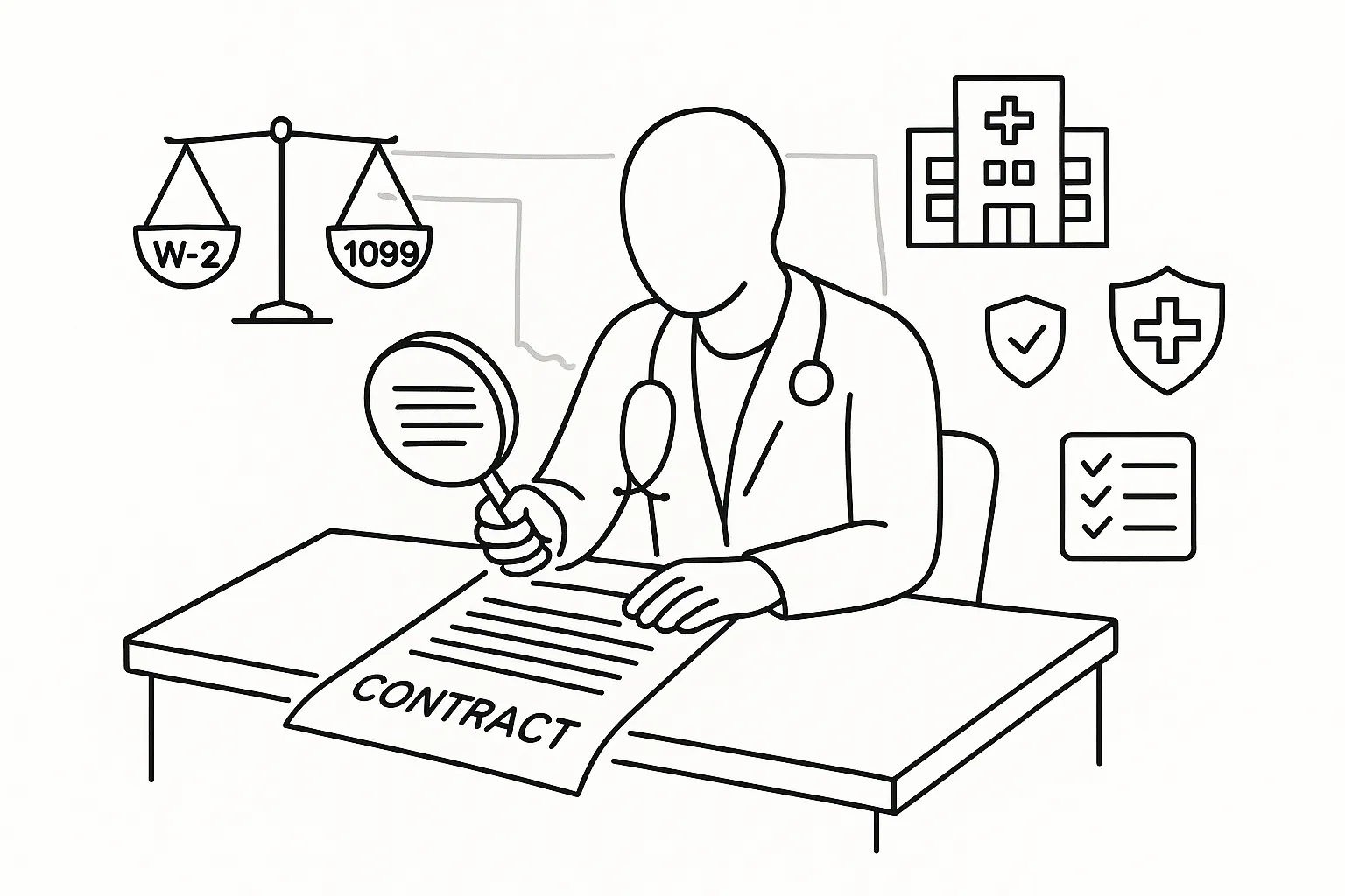 PA reviewing a contract with magnifying glass, scales, and Oklahoma outline of Oklahoma Physician Assistant Contract Review.