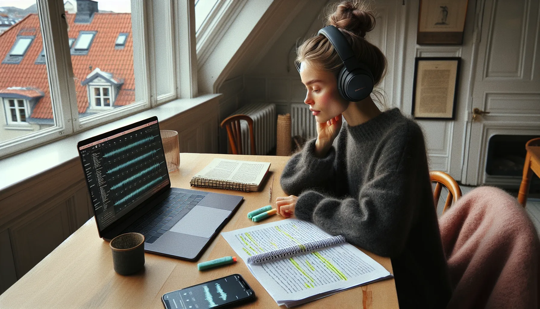 De beste metodene for å lære språk 3 Norwegian woman shadowing audio while highlighting a text at home.