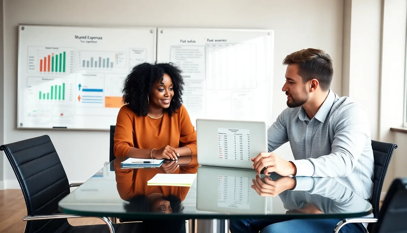 diverse co-parents discussing shared expenses in a modern office.