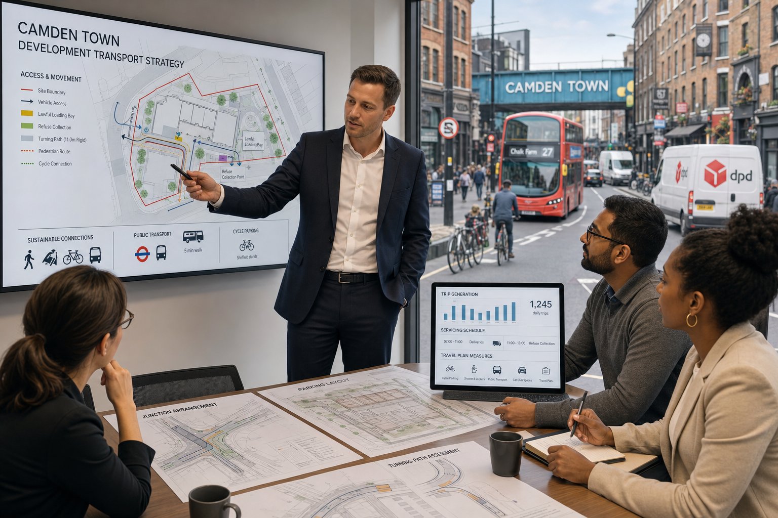 Traffic engineer reviewing Camden Town transport plans in a modern office.