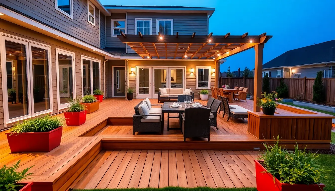 modern multi-level deck and patio in a bright backyard setting.
