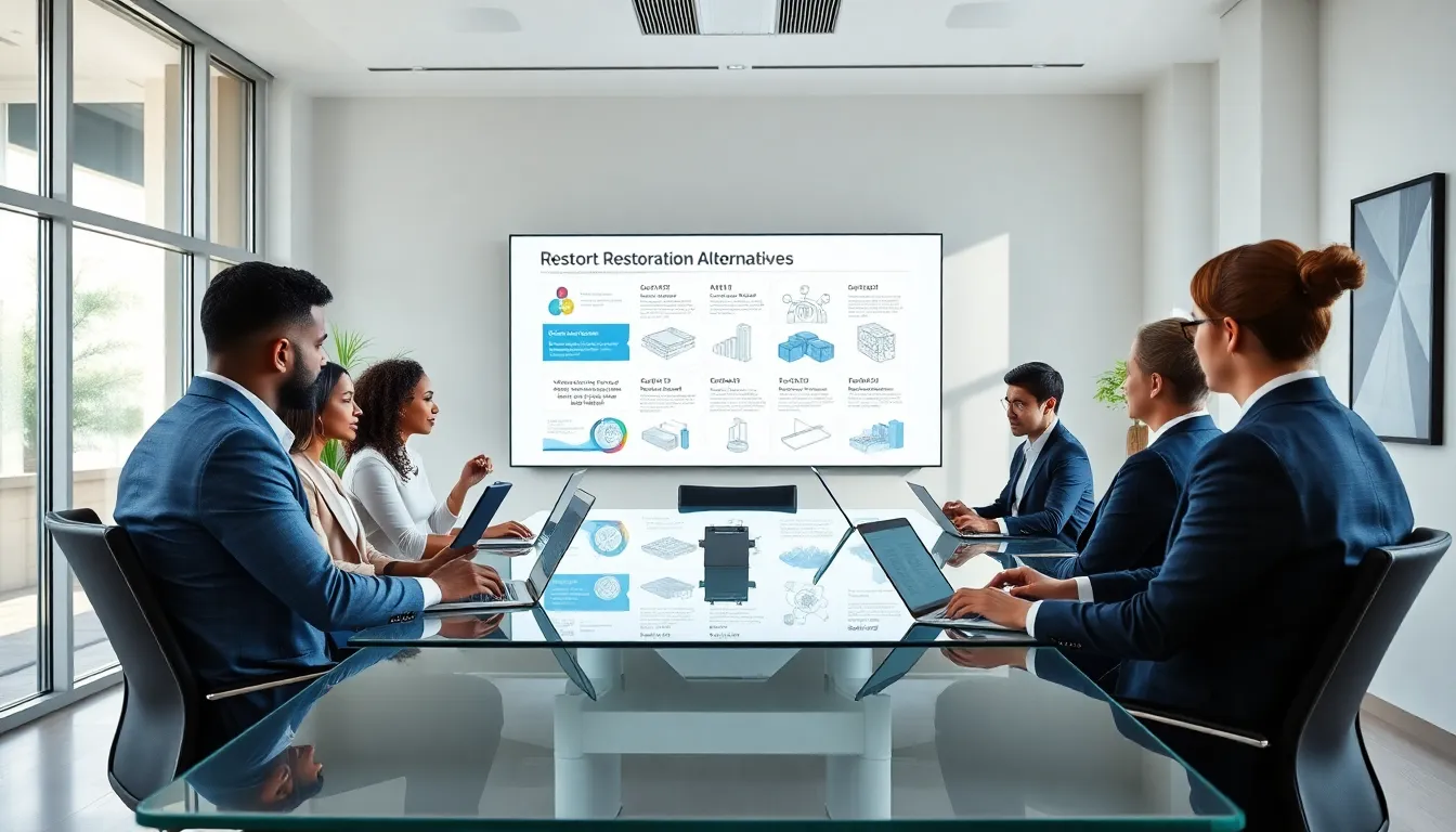 diverse professionals discussing restoration alternatives in a modern conference room.
