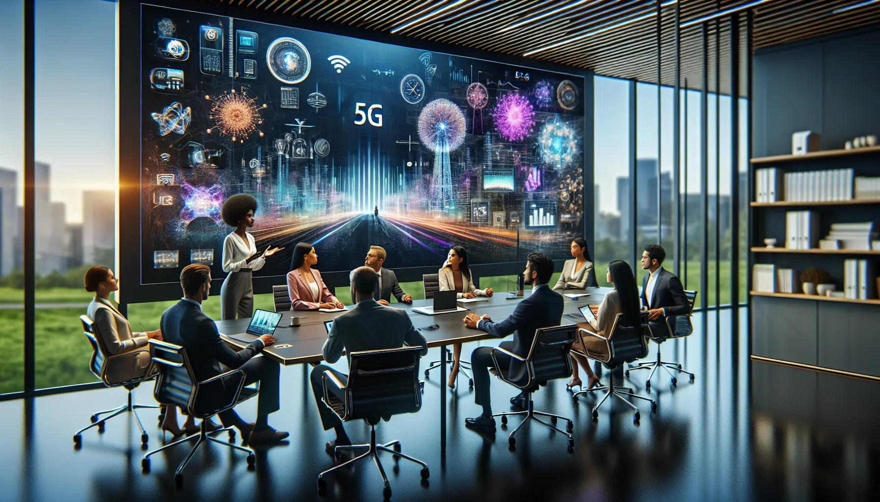 diverse team discussing 5G technology and smart devices in a modern office.