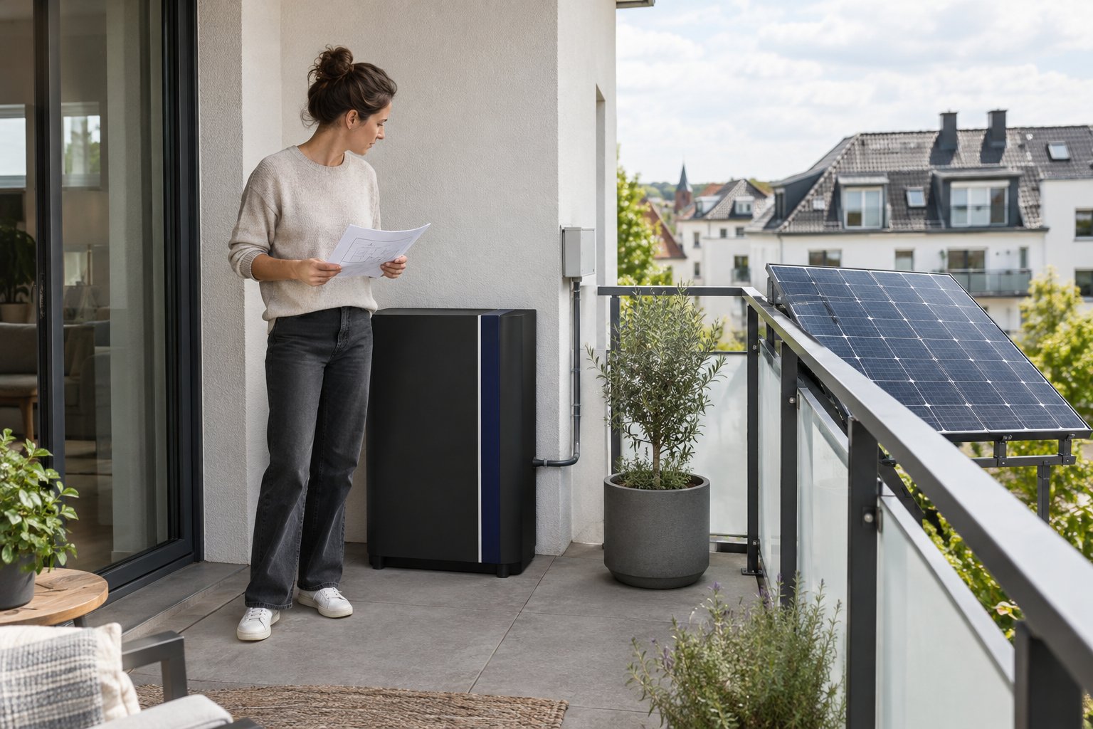Person prüft einen Batteriespeicher neben Solarmodulen am Balkon