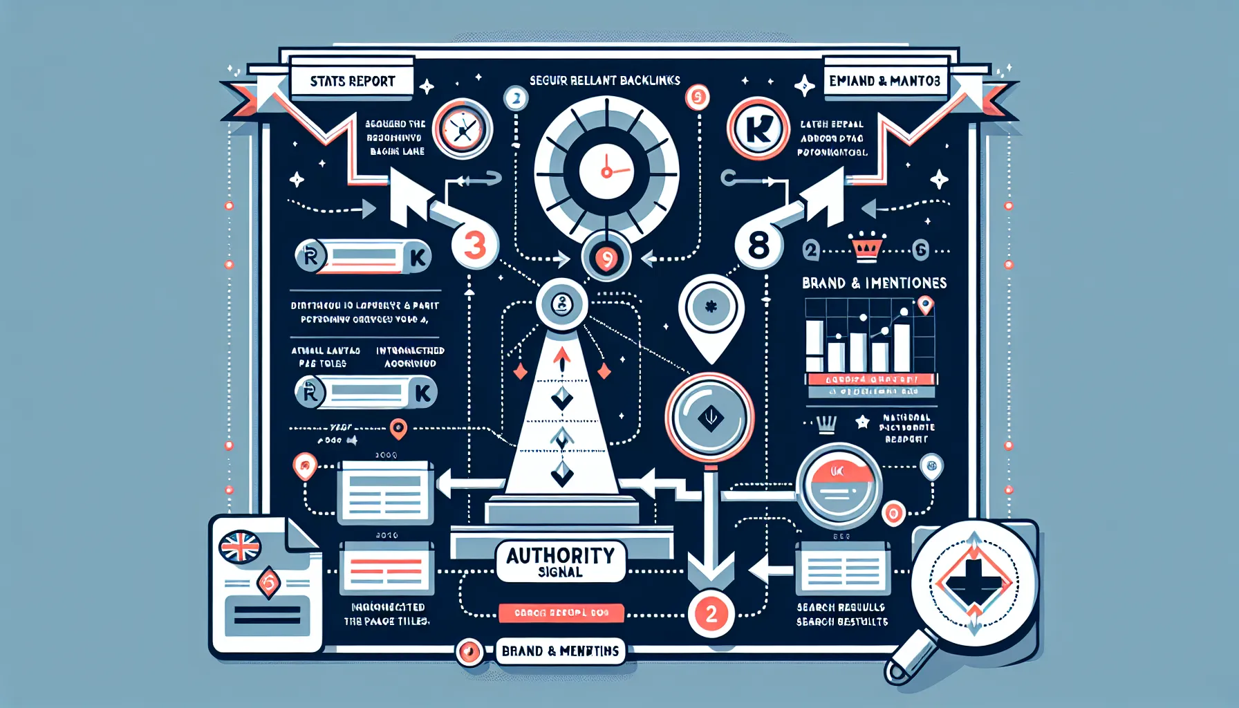 Two-column UK-focused diagram showing backlinks and brand signals boosting rankings.
