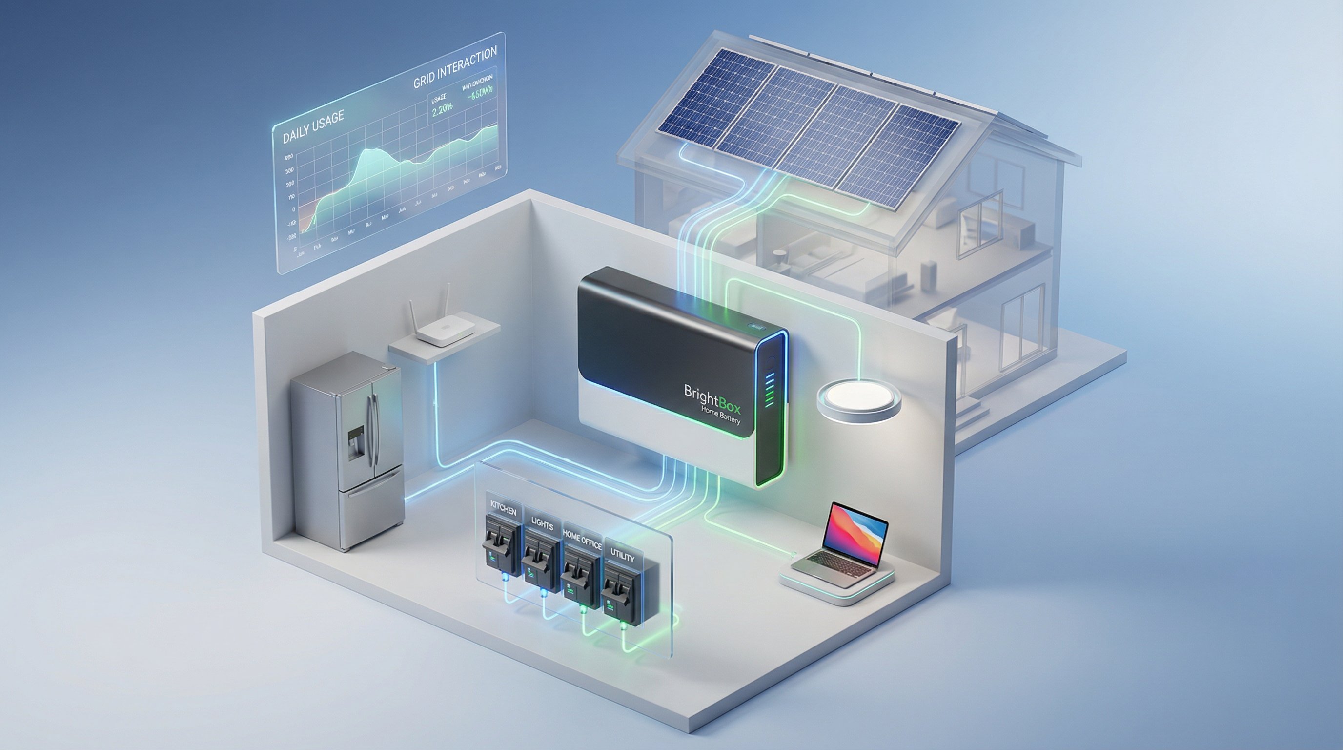 3D render of wall-mounted solar battery unit with essential home appliances and energy flow visualization.