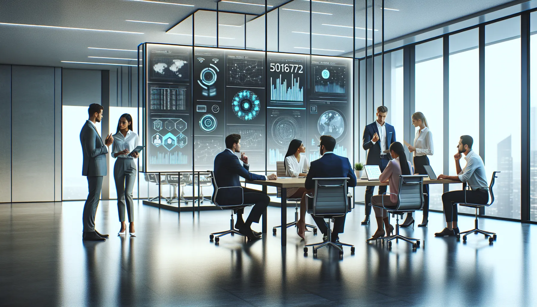 diverse professionals discussing data security in a modern office.