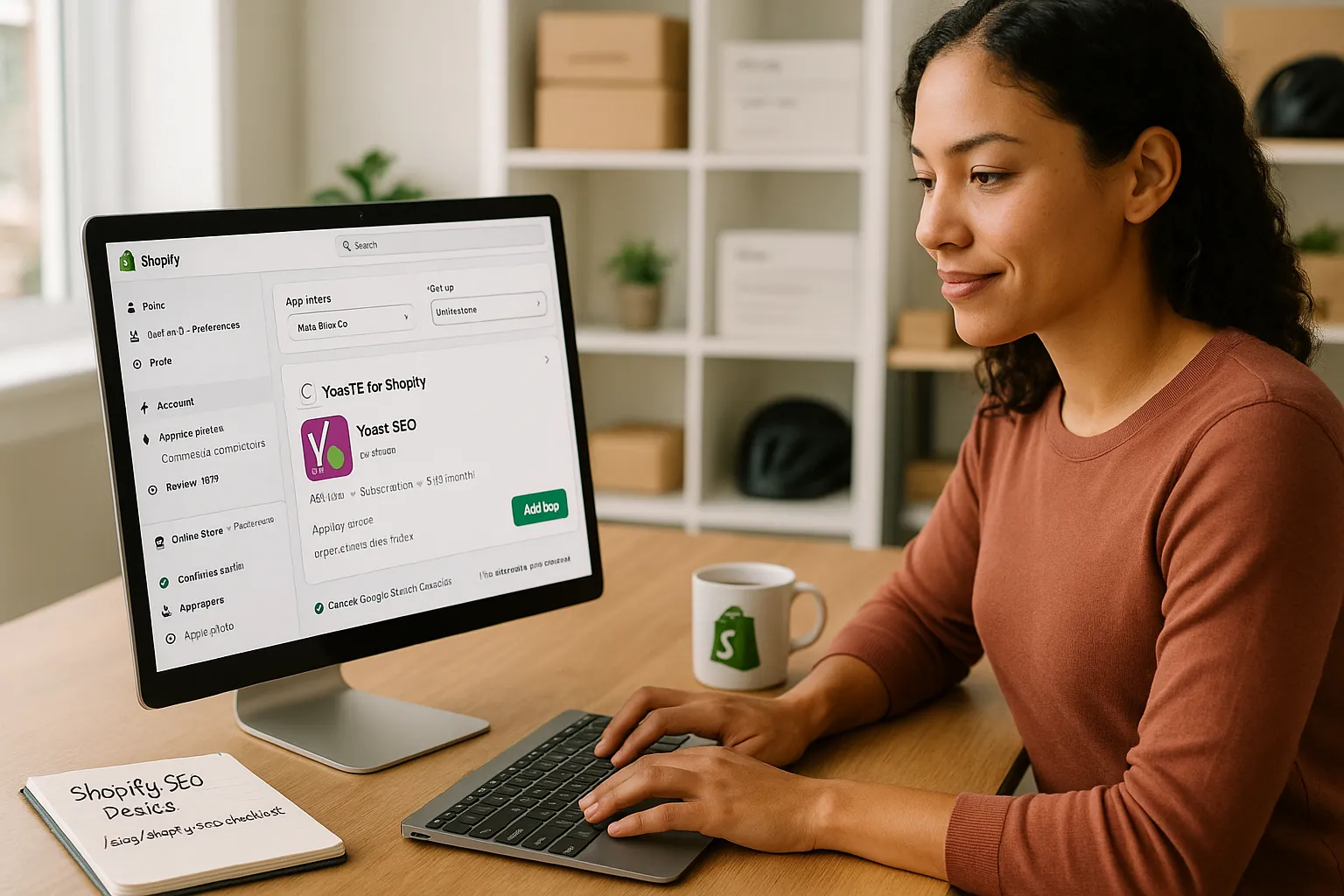 Shopify store owner installs and configures Yoast SEO app on laptop at desk.