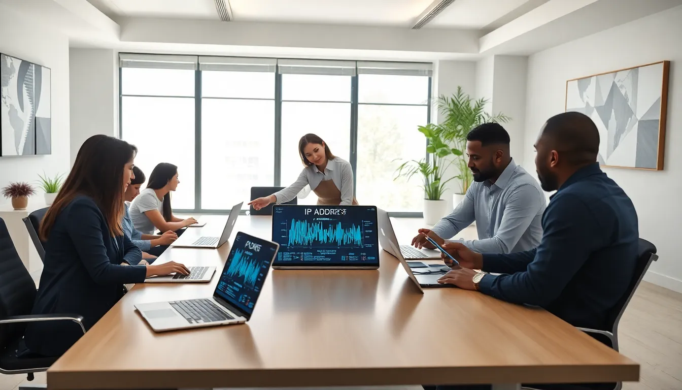 IT professionals discussing IP addresses in a modern office.