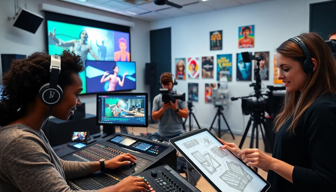 diverse team collaborating on audio/video technology projects in a studio.