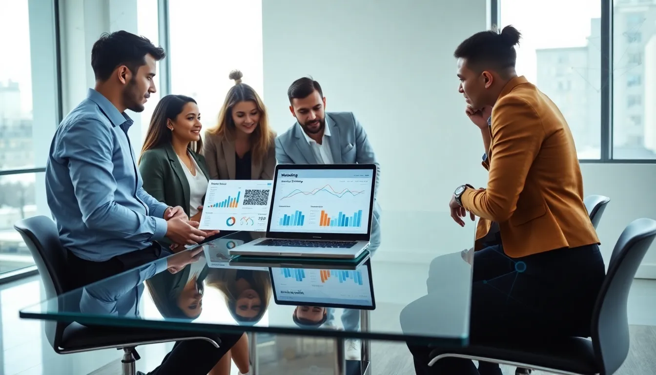 diverse team discussing digital marketing strategies in a modern office.