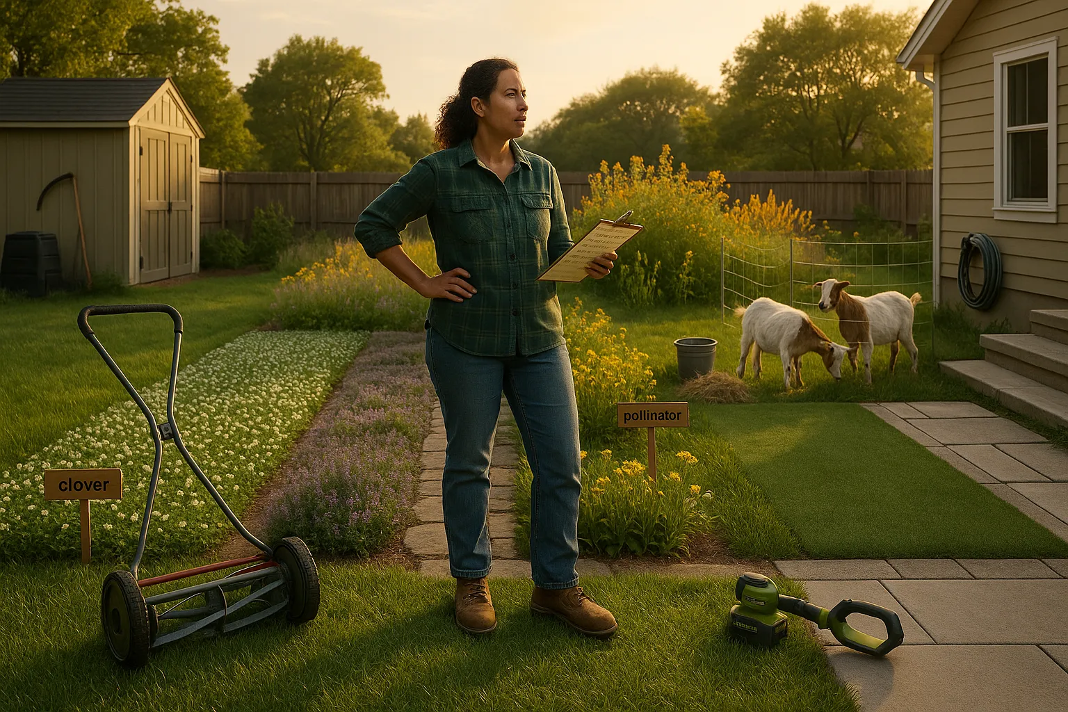 Homeowner evaluating backyard options: reel mower, clover, meadow, goats, artificial turf.