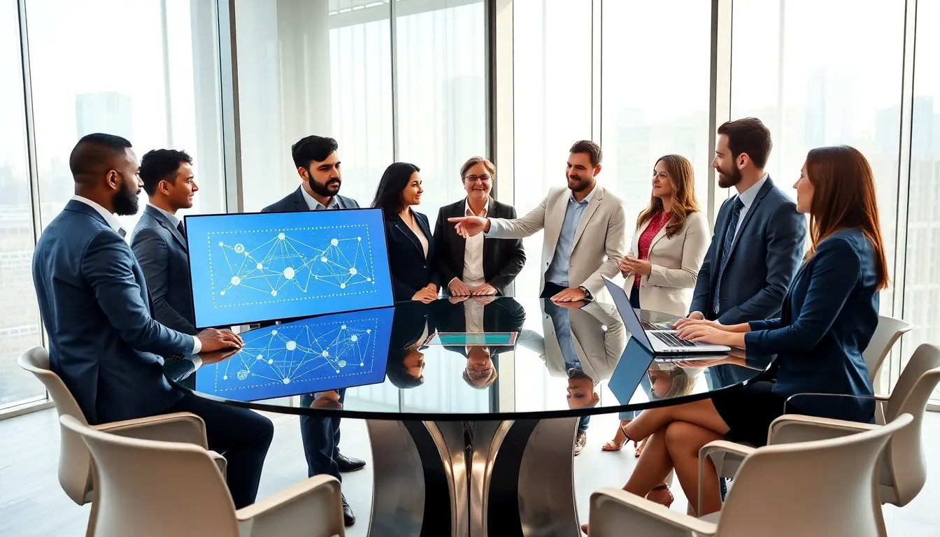 diverse professionals discussing blockchain technology in a modern office.