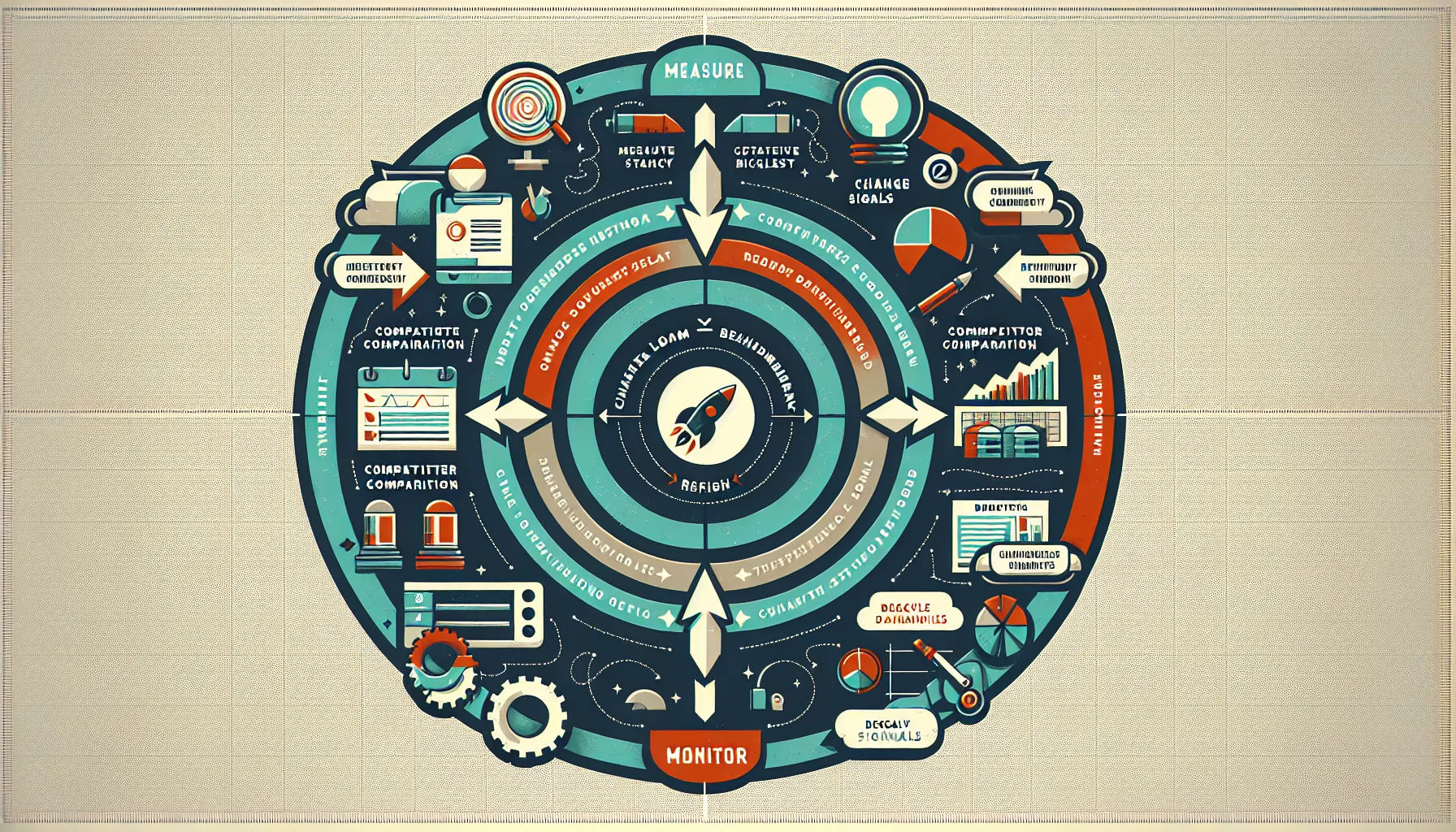 UK content optimizer loop showing KPIs, benchmarking, decay detection, and refresh cycle.