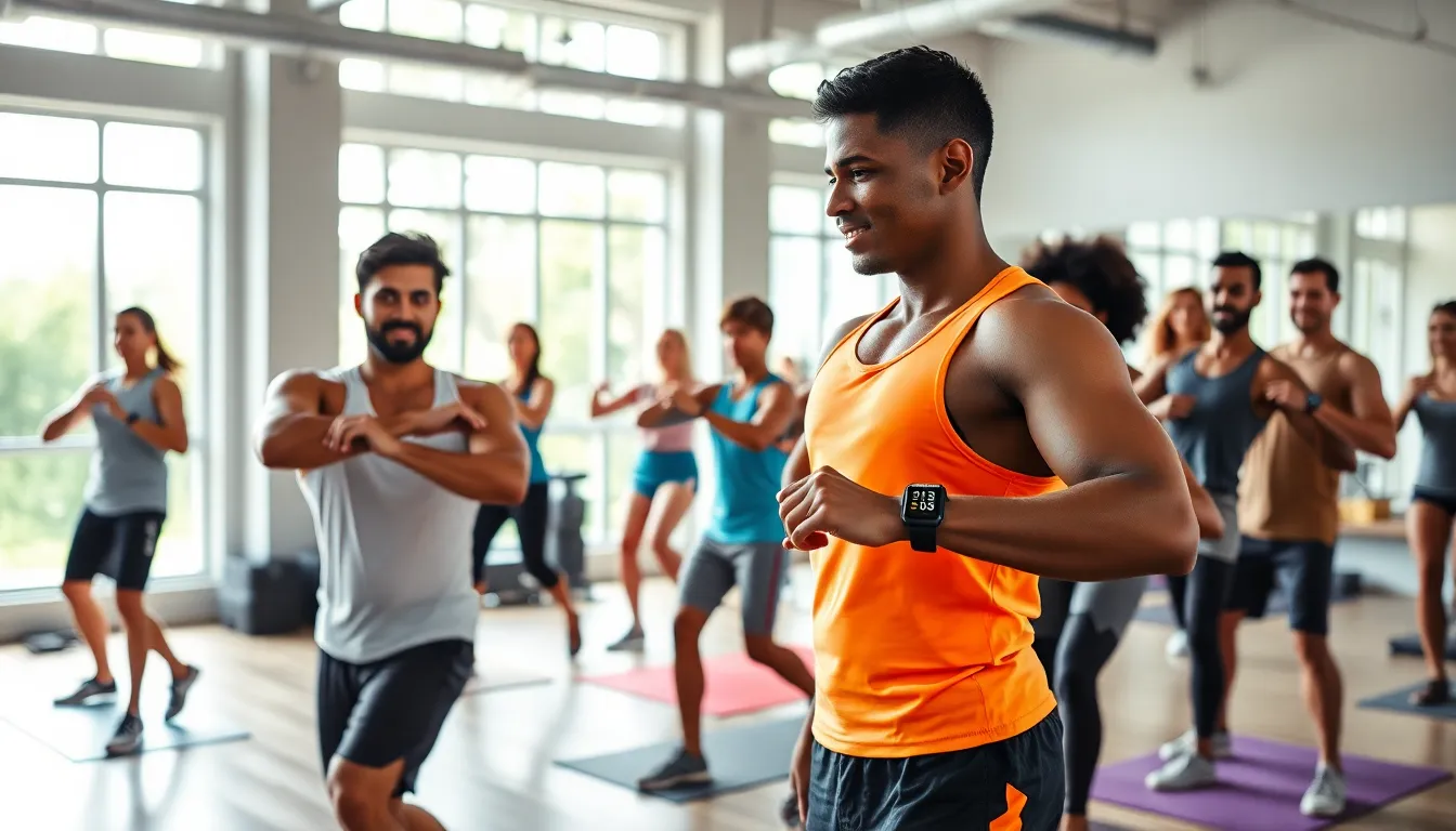 A diverse group in a fitness class using smartwatches to track workouts.