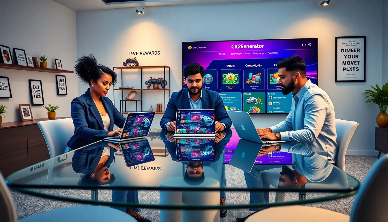 team collaborating on a gaming rewards generator in a modern office.