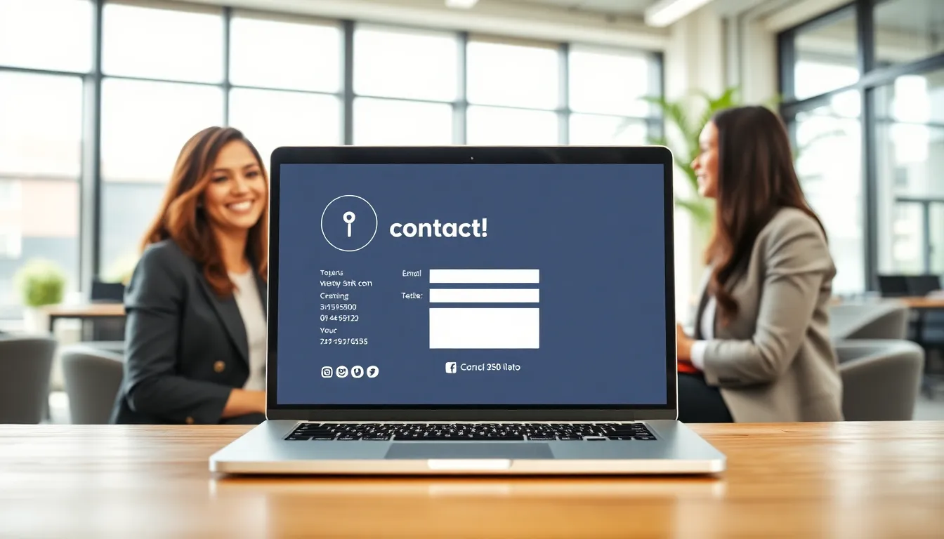 modern contact page design on a laptop with diverse professionals.