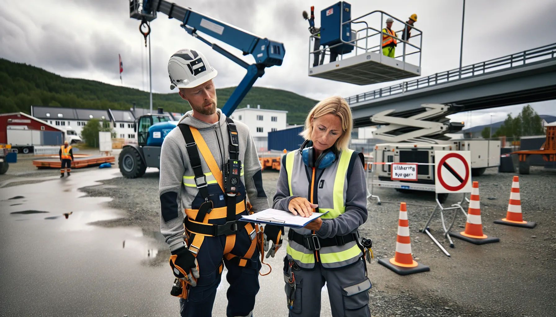 Instructor trains worker on boom lift safety at norwegian construction site.