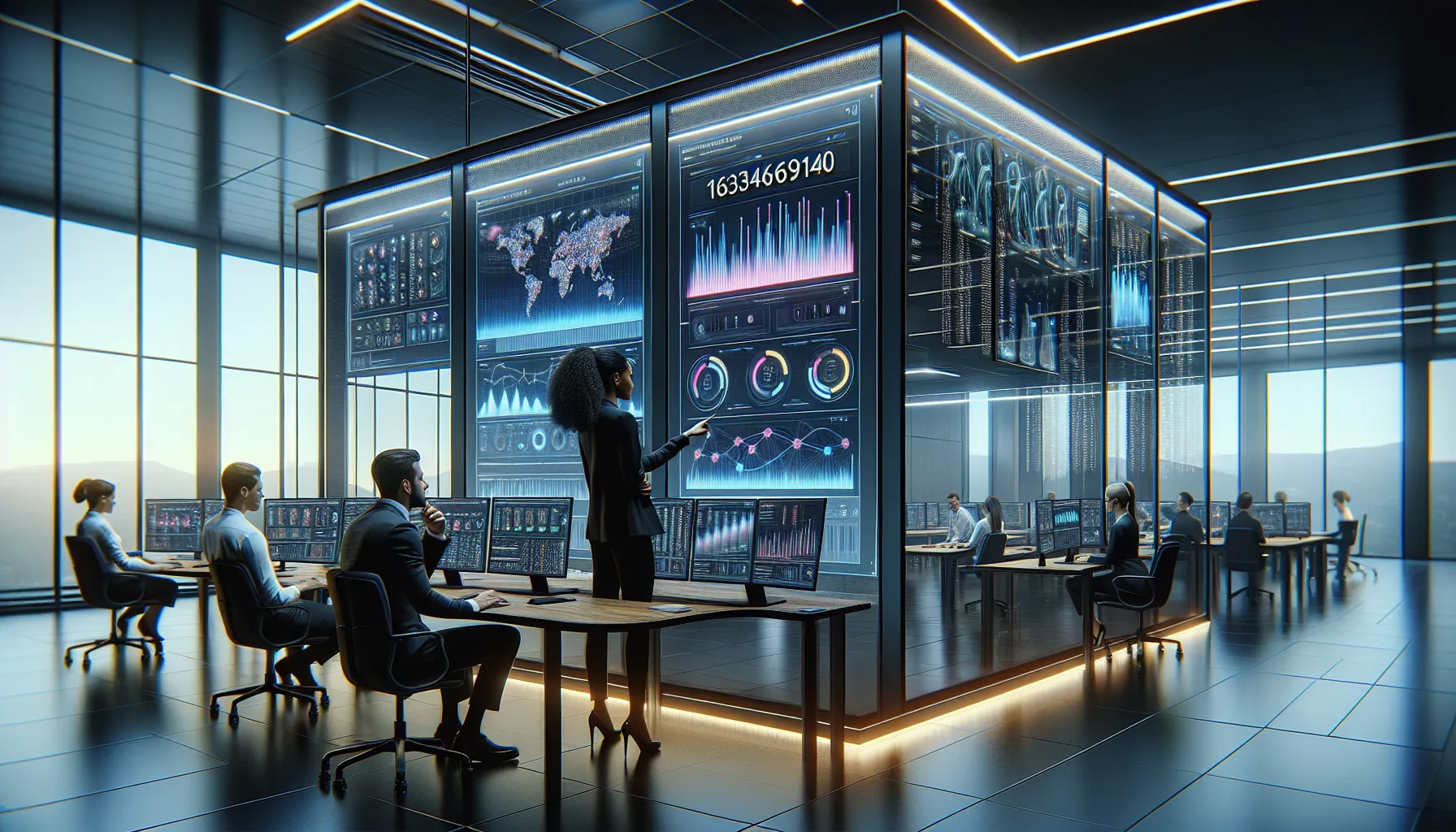 diverse team analyzing data in a modern tech workspace.