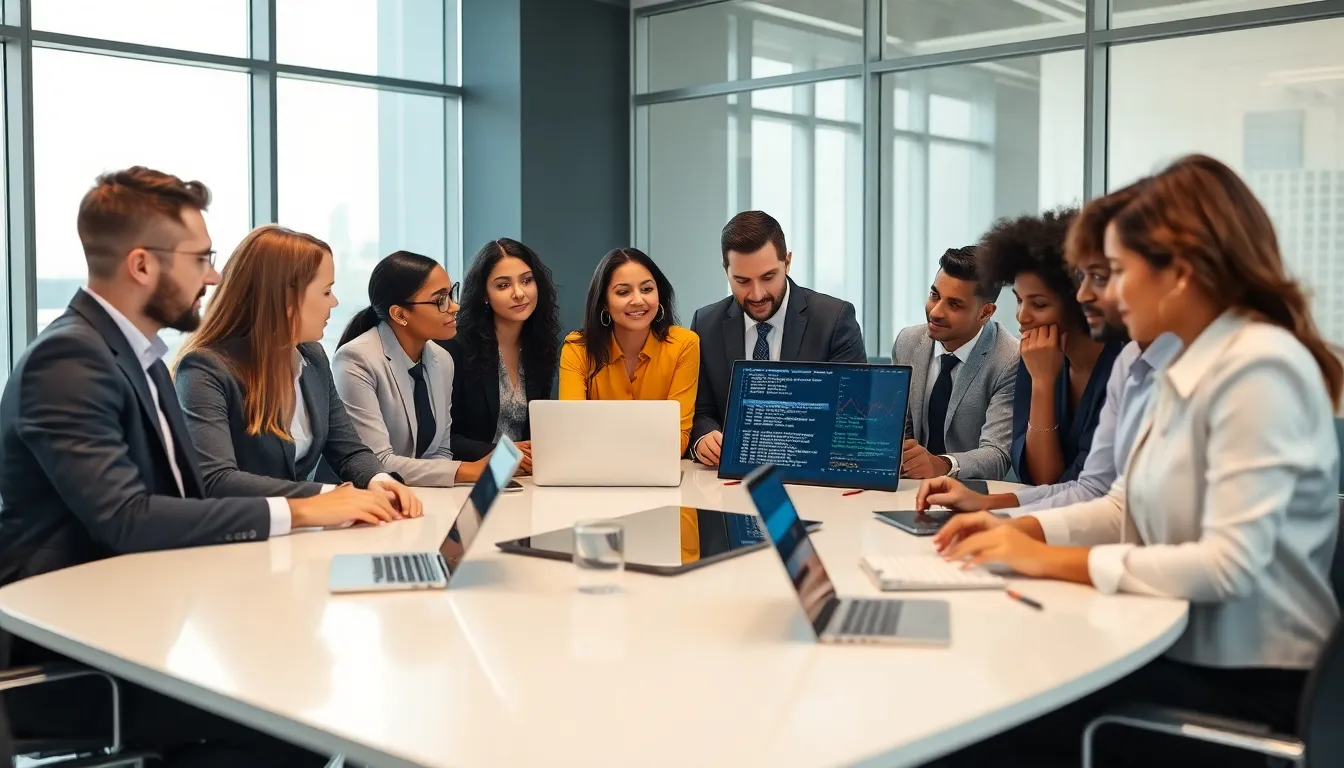 diverse team discussing data management in a modern office.