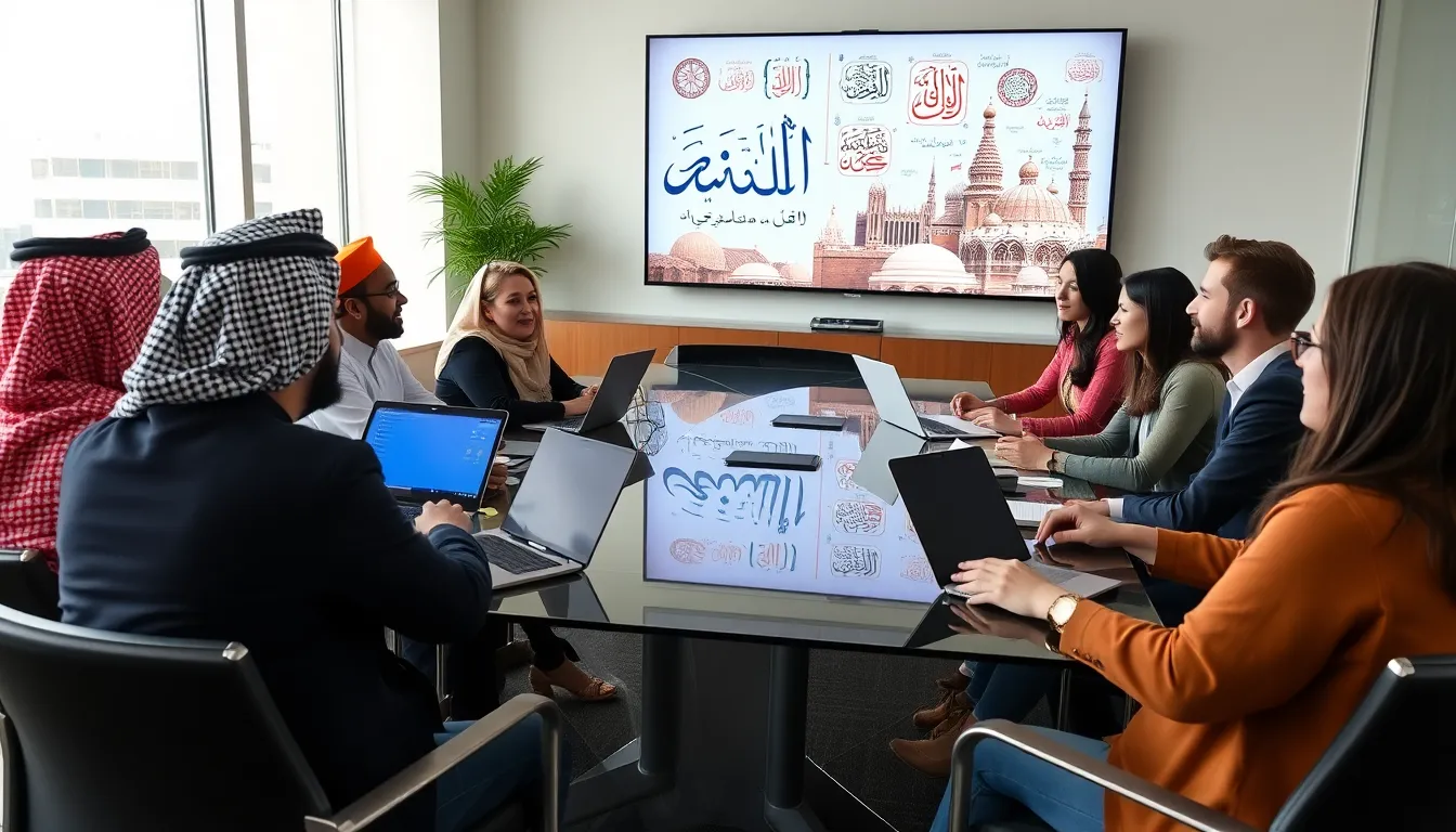 diverse professionals learning Arabic in a modern classroom.