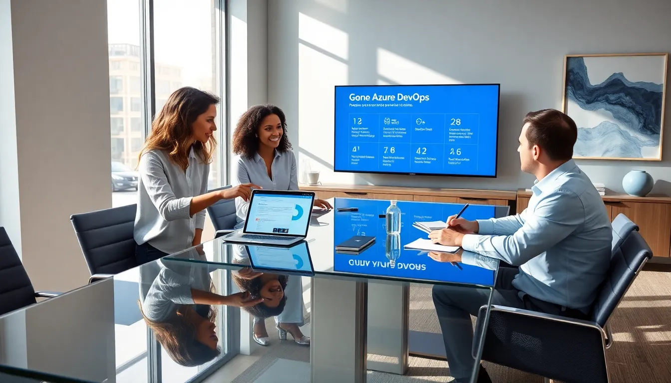 team discussing project management tools in a modern office.