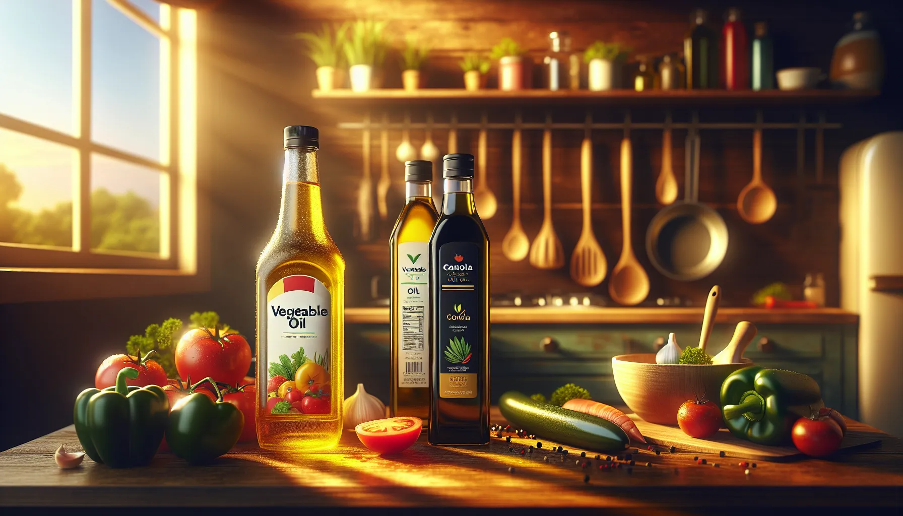 two oil bottles on a kitchen counter with fresh vegetables.