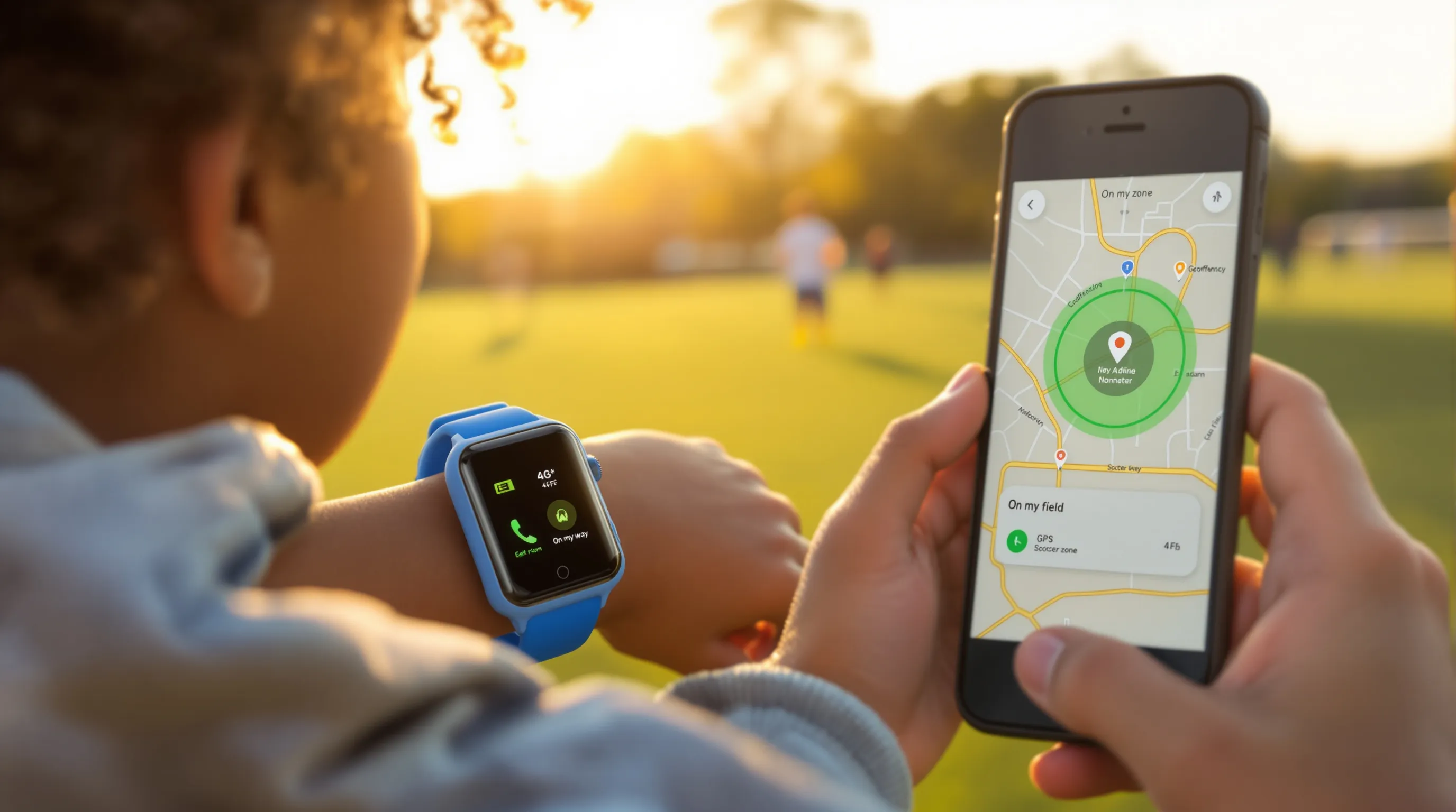 Child wearing a kids smartwatch while parent views a geofence map at soccer field.