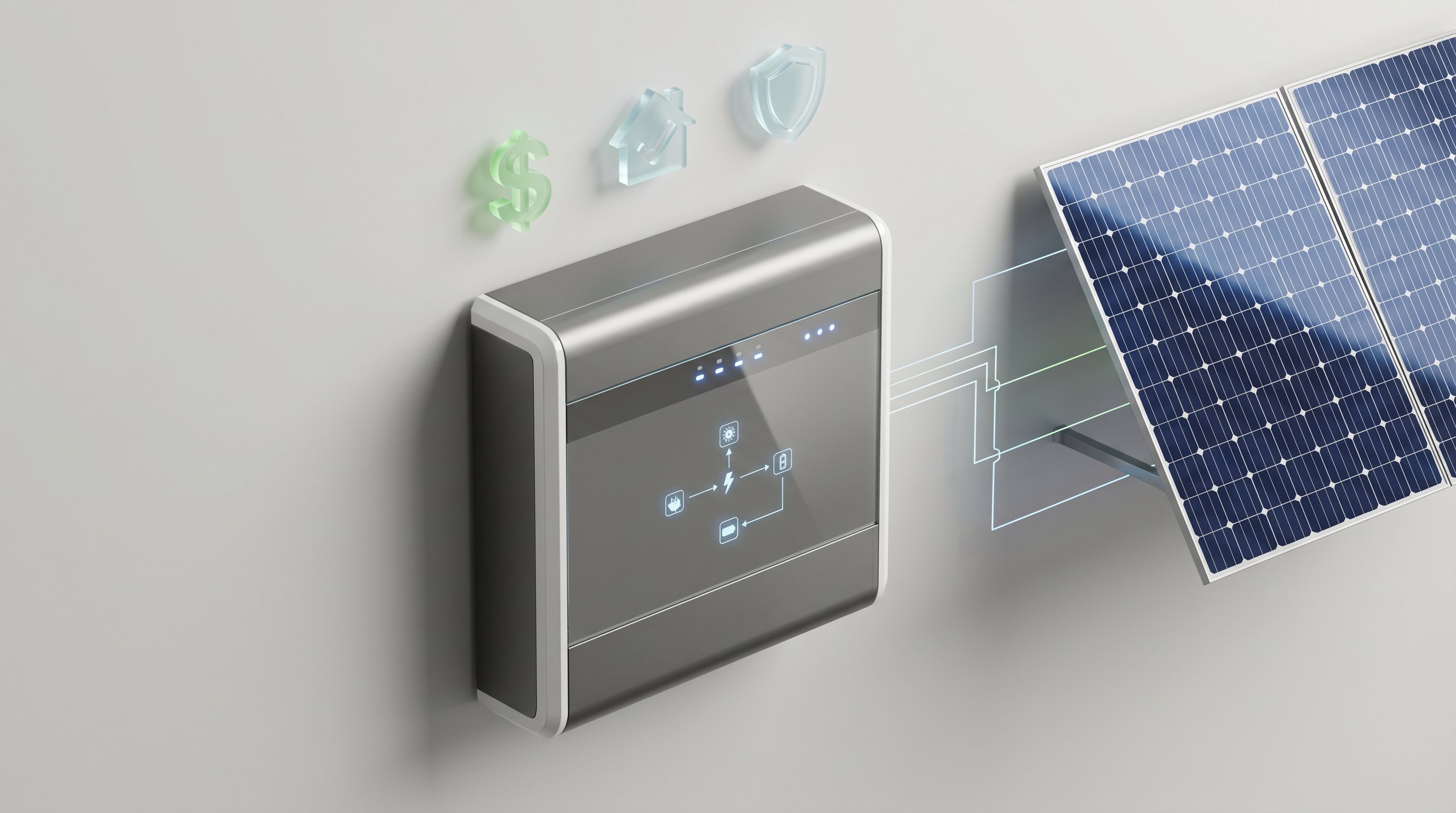 3D render of modern home battery storage system with solar panel and benefit icons.