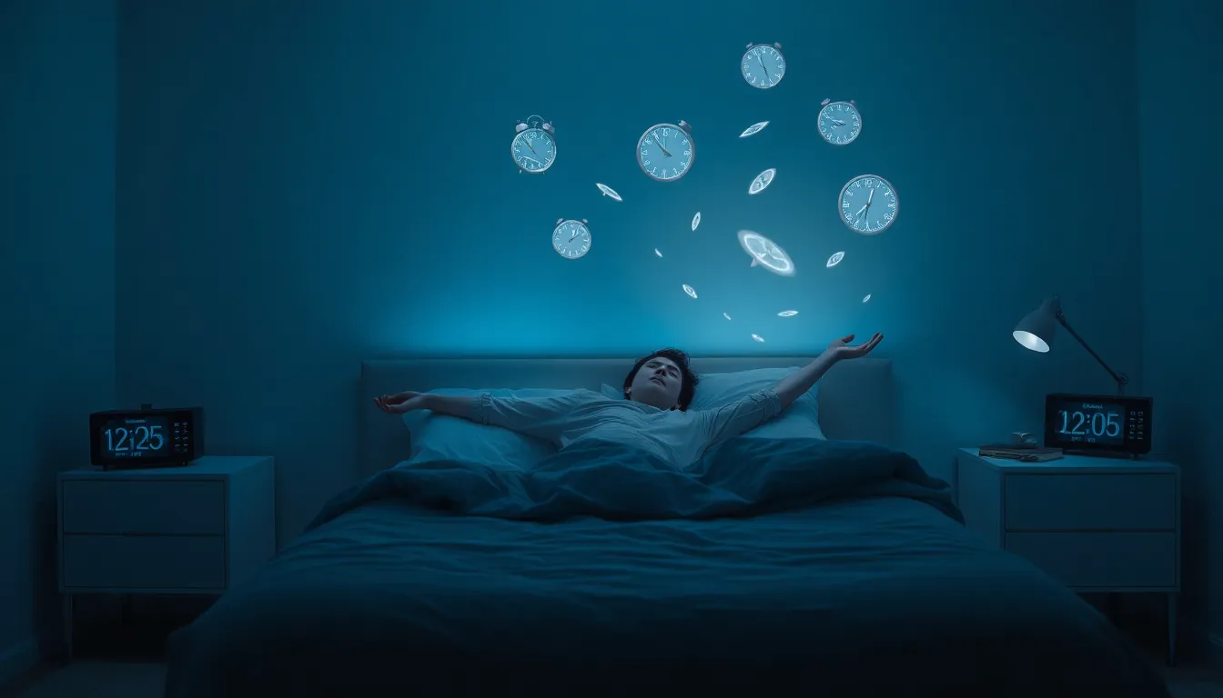 person sleeping with dream imagery in a modern bedroom.