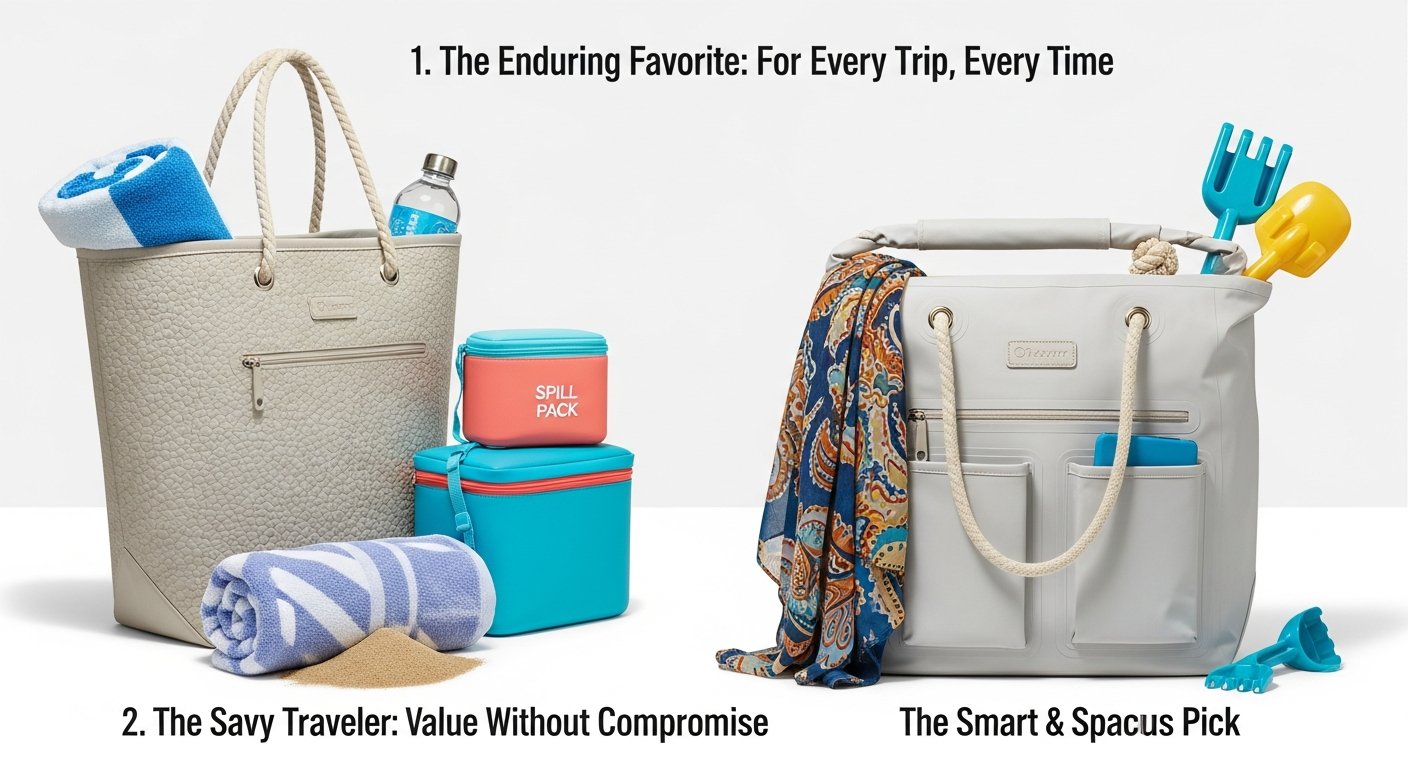 Four travel beach bags shown in a clean coastal product display.
