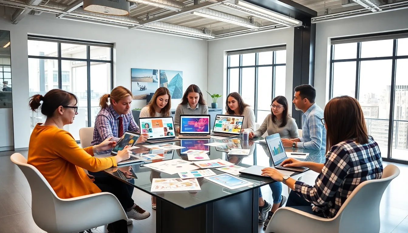 diverse design team collaborating in a modern workspace.