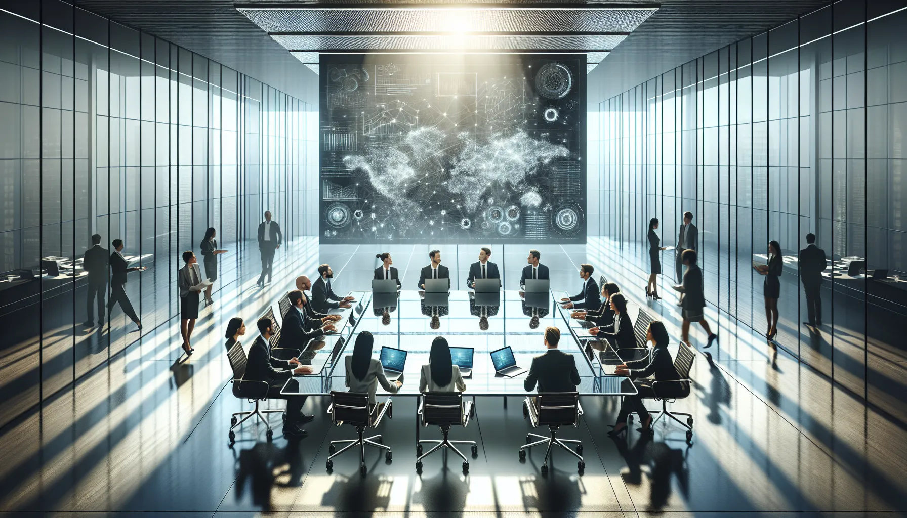 diverse team collaborating over data analysis in a modern office.