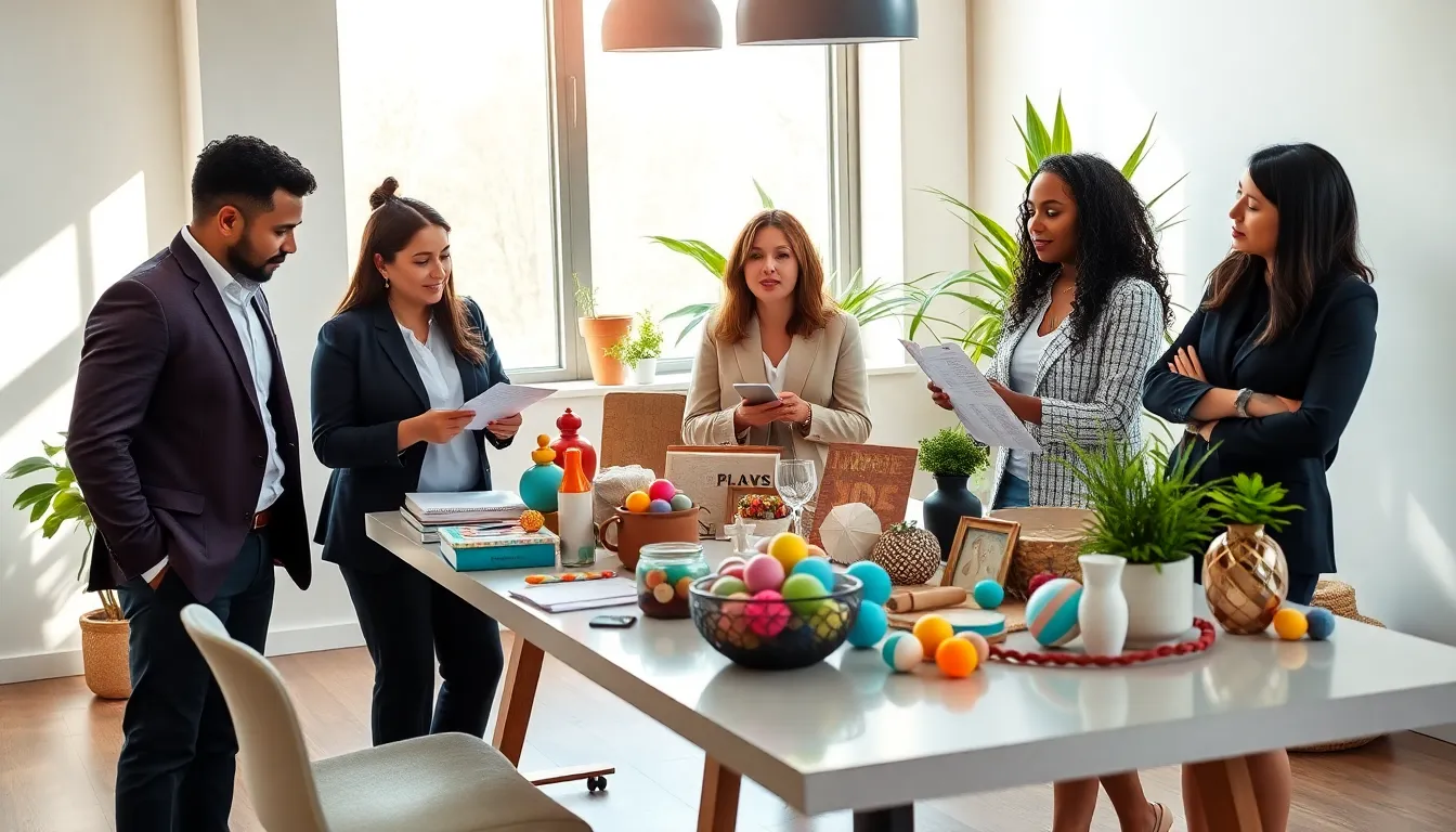 diverse professionals discussing Etsy trending items in a modern workspace.