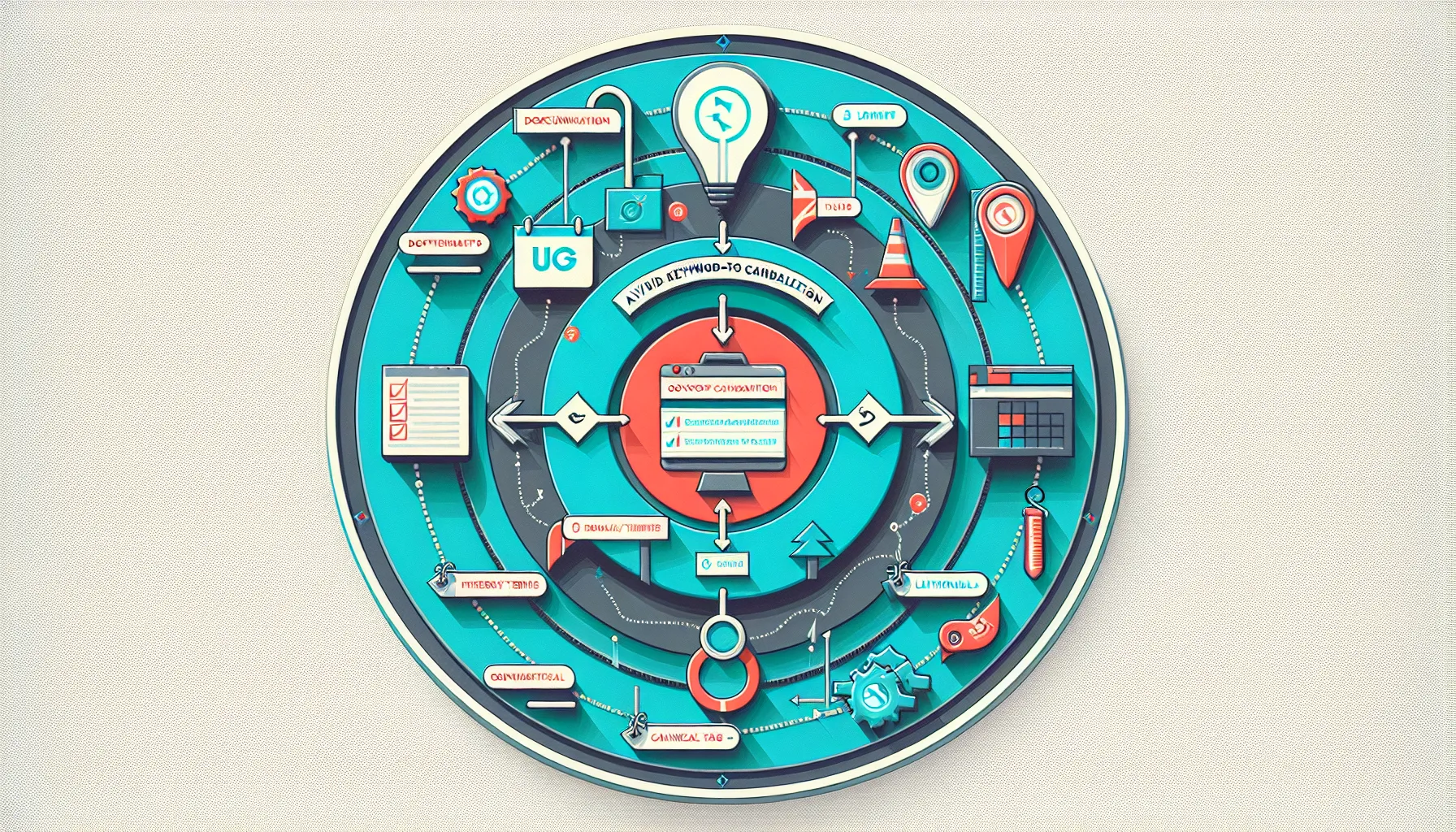 UK-themed process diagram showing keyword cannibalization prevention and governance steps.
